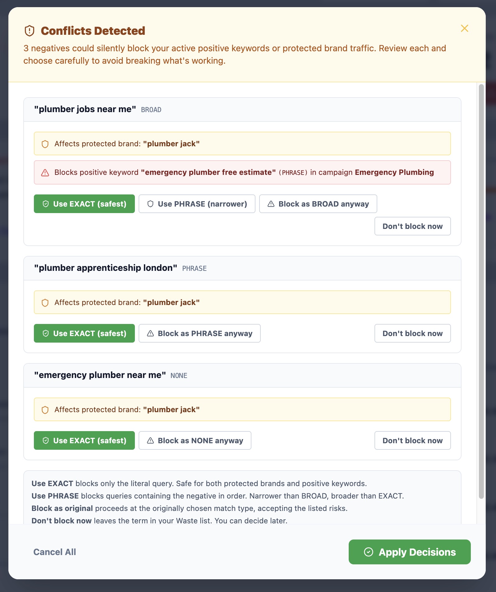SearchSavior conflict detection warning before blocking a negative keyword that would hit an active Google Ads positive keyword